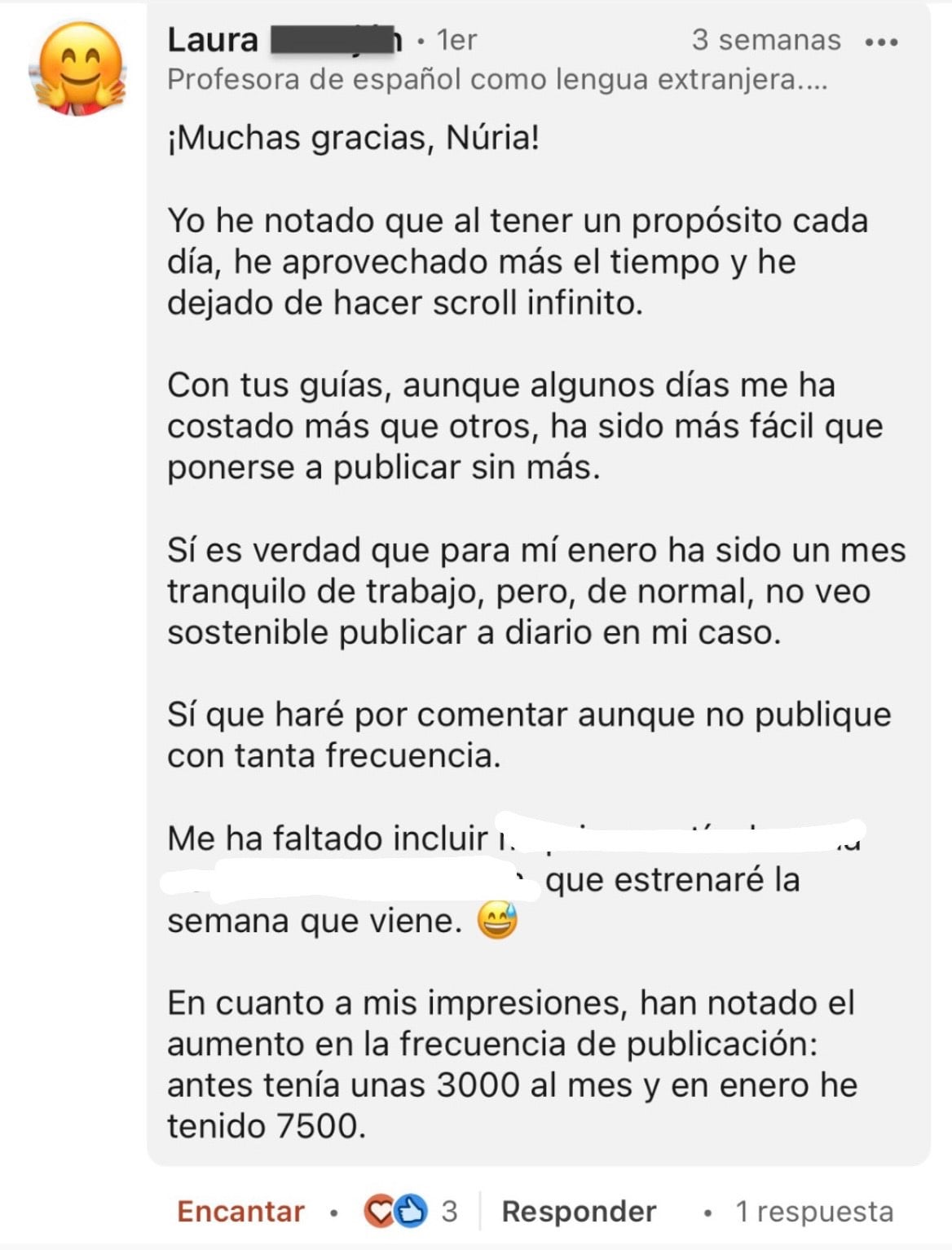 Testimonio de Laura — de 3.000 a 7.500 impresiones mensuales