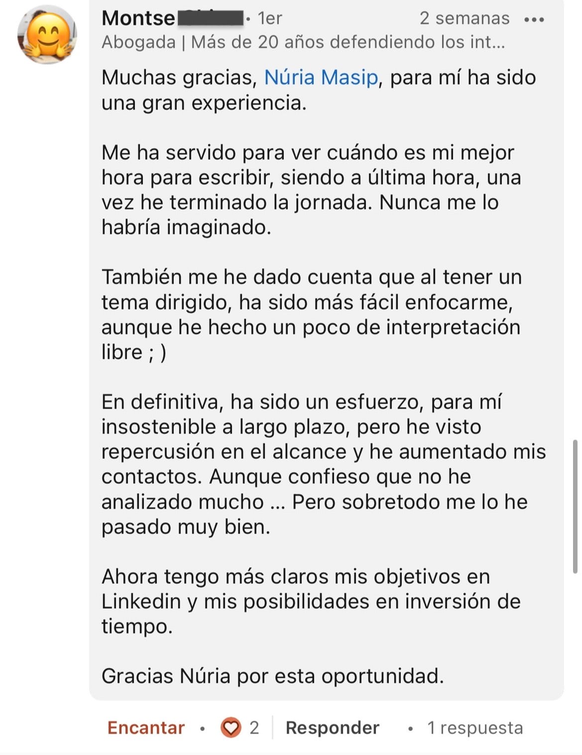 Testimonio de Montse — Abogada, más de 20 años de experiencia